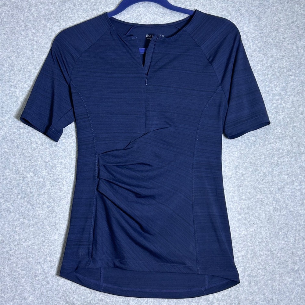Athleta Short Sleeve Top Women XS Navy Blue Ruched Quarter Zip Active Gorpcore
